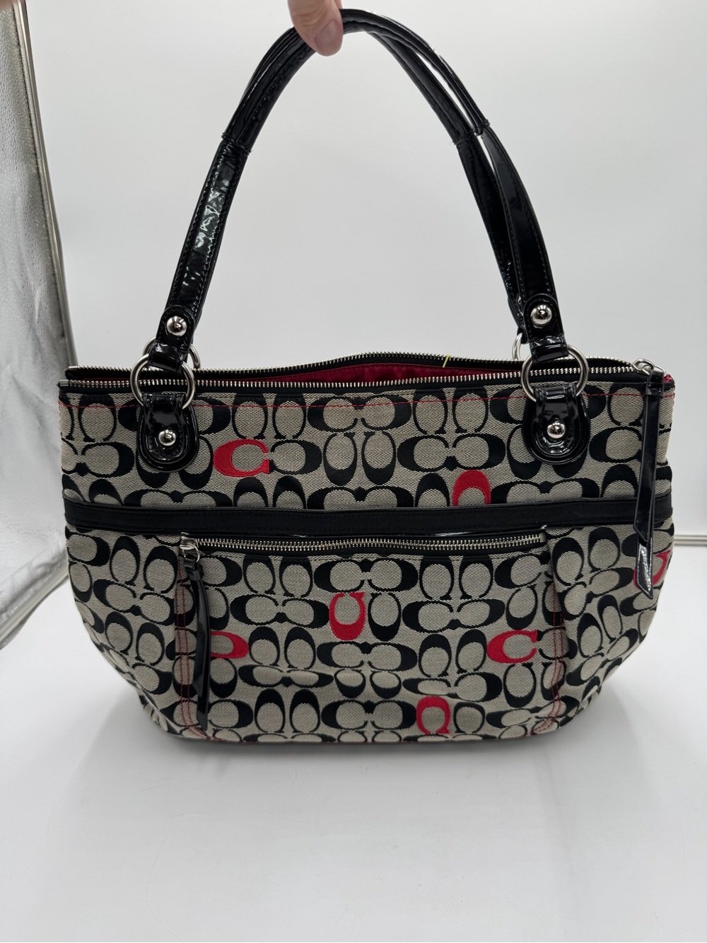 Vintage Coach Poppy Signature Jacquard Tote 21184 Black Red Patent Trim